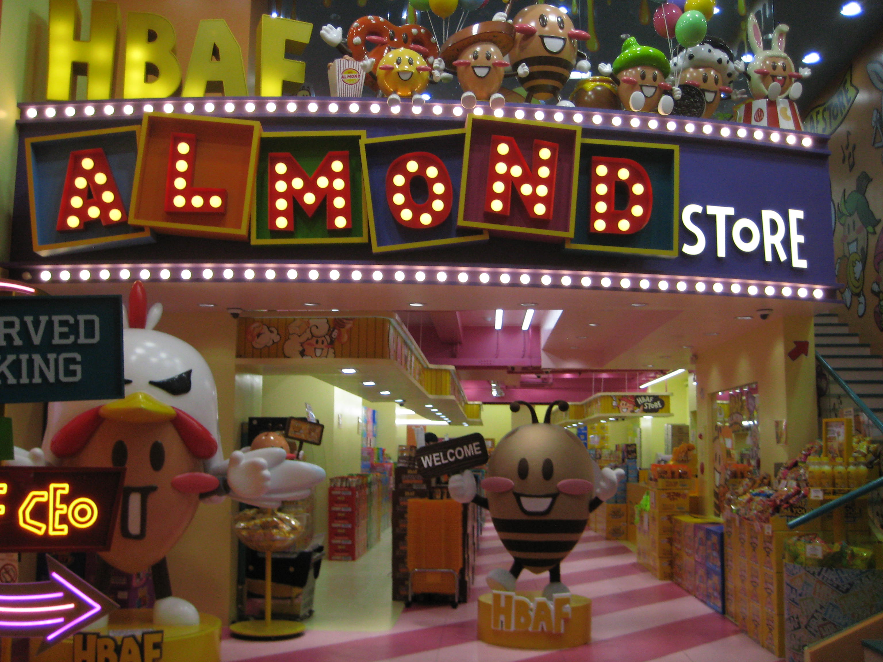 picture of a cozy HBAF almond store with bright colorful lights